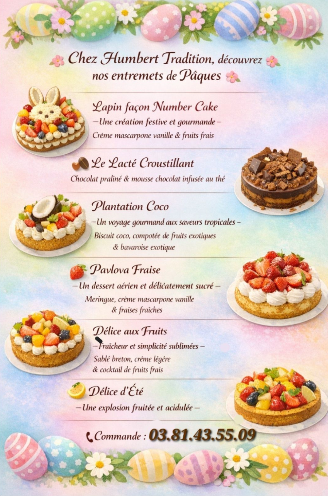 La carte des entremets de Pâques